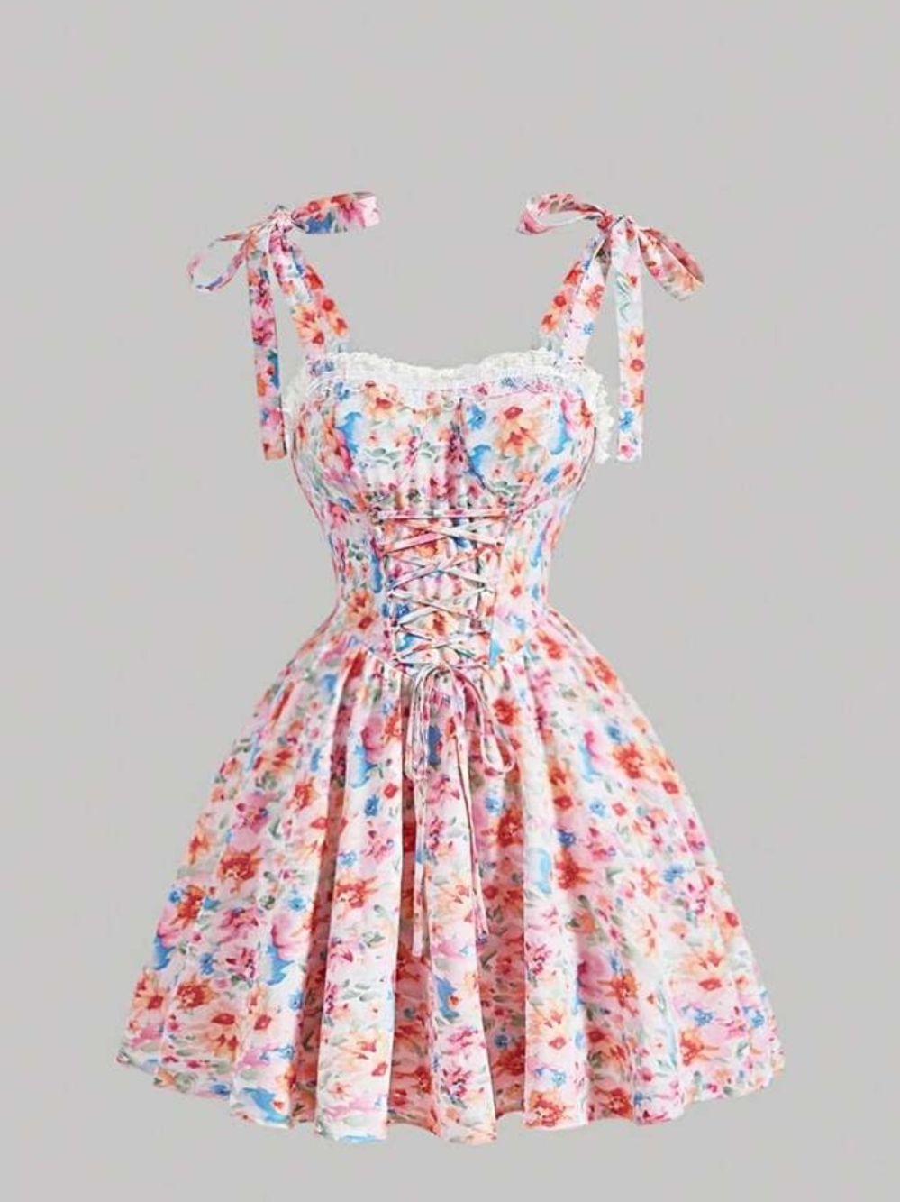 SHEIN Pink Floral Lace-Up Tie-Shoulder Mini Dress